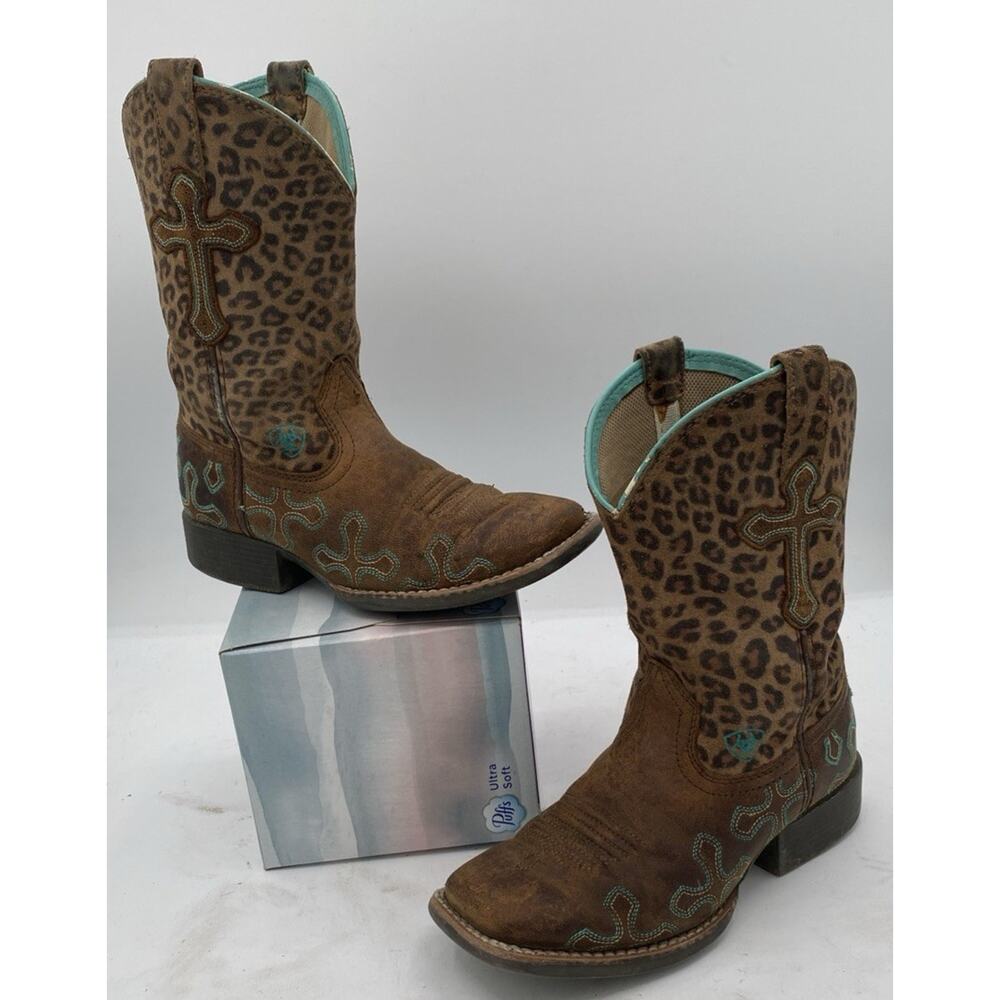 Ariat Brown Leopard Print Kids Western Boots with Turquoise Accents
